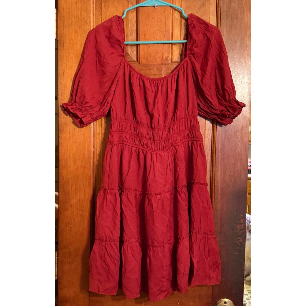 Trixxi Red Puff Sleeve Smocked Mini Dress Square Neck Tiered  XL
